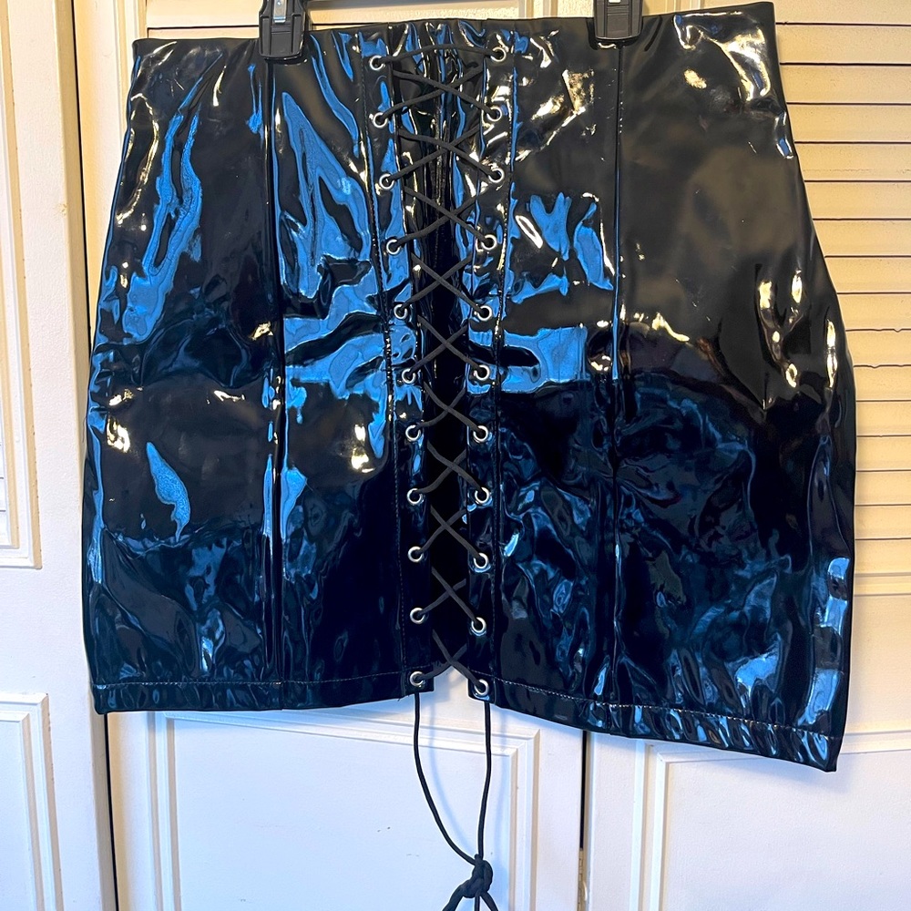 black vinyl mini skirt from pretty little thing.